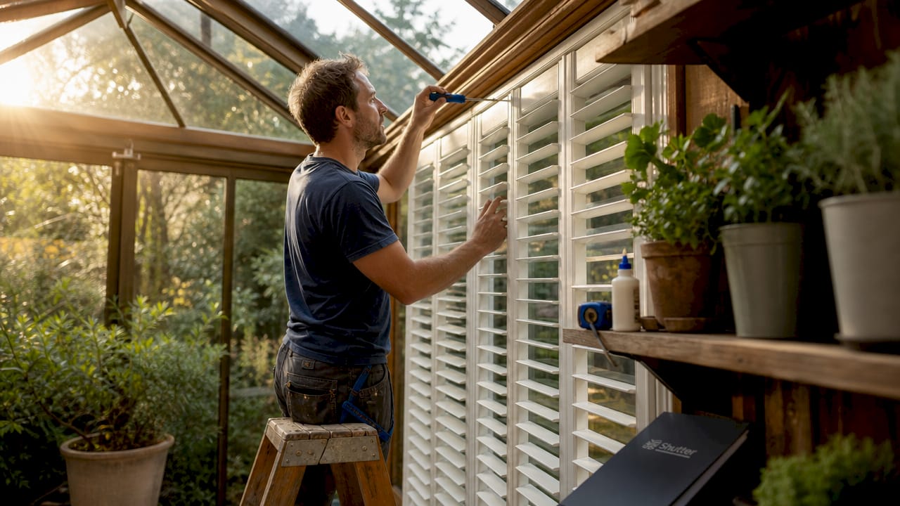 Carpenter installing shutter panel mullion