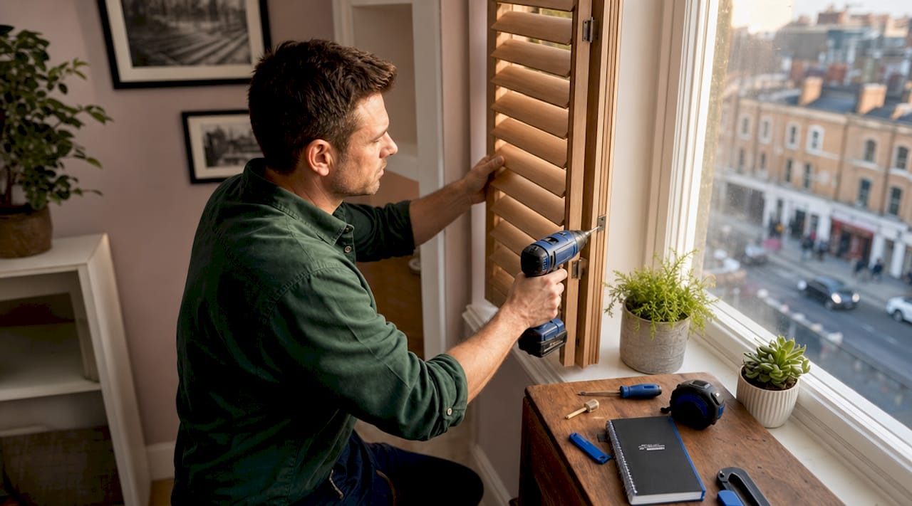 Fitter installing wooden shutters bay window
