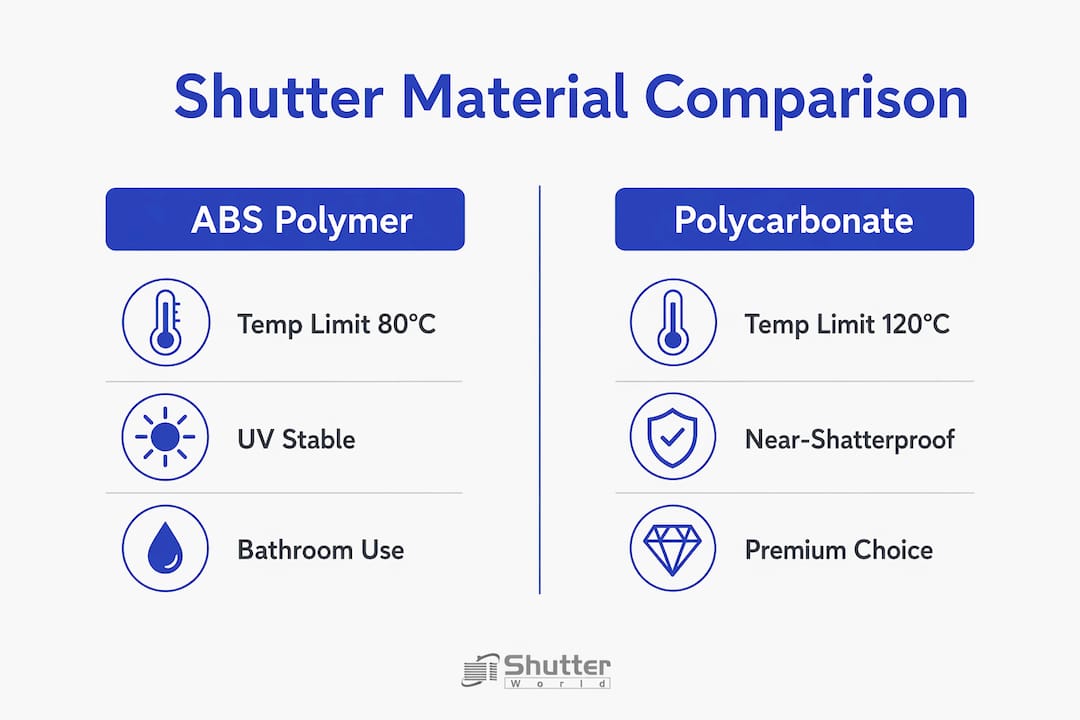 Waterproof shutters for West Yorkshire Infographic comparing ABS polymer and polycarbonate shutters
