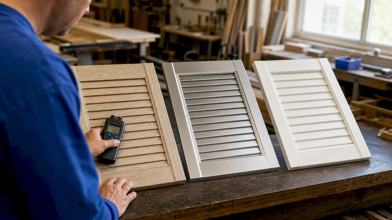 Close-up of wood, aluminum, and PVC shutter samples
