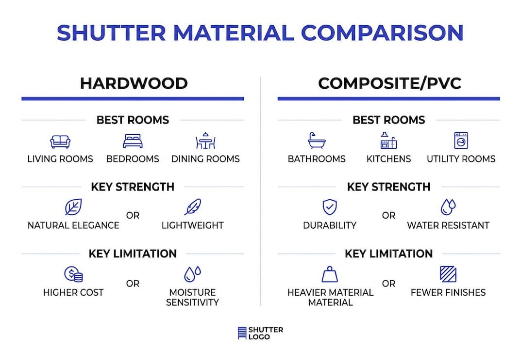 plantation shutters west yorkshire Infographic comparing hardwood and composite plantation shutters