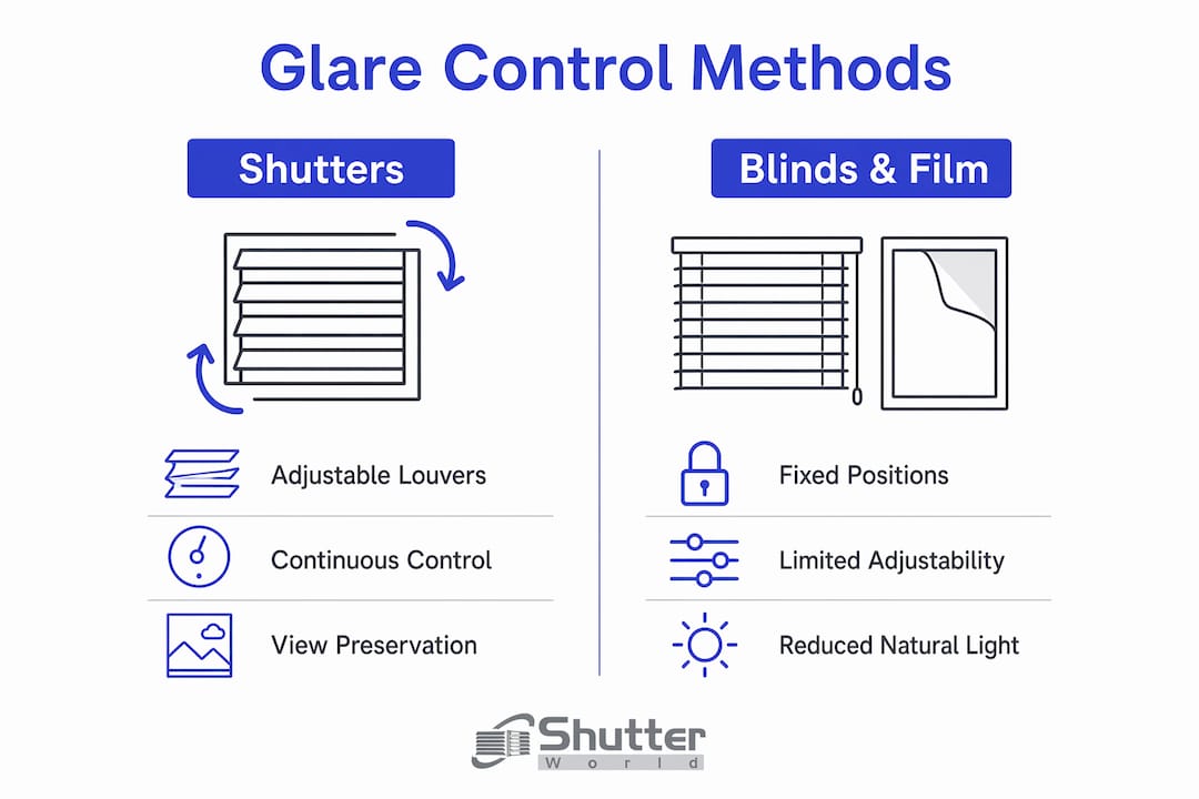Infographic comparing shutters and other glare control methods