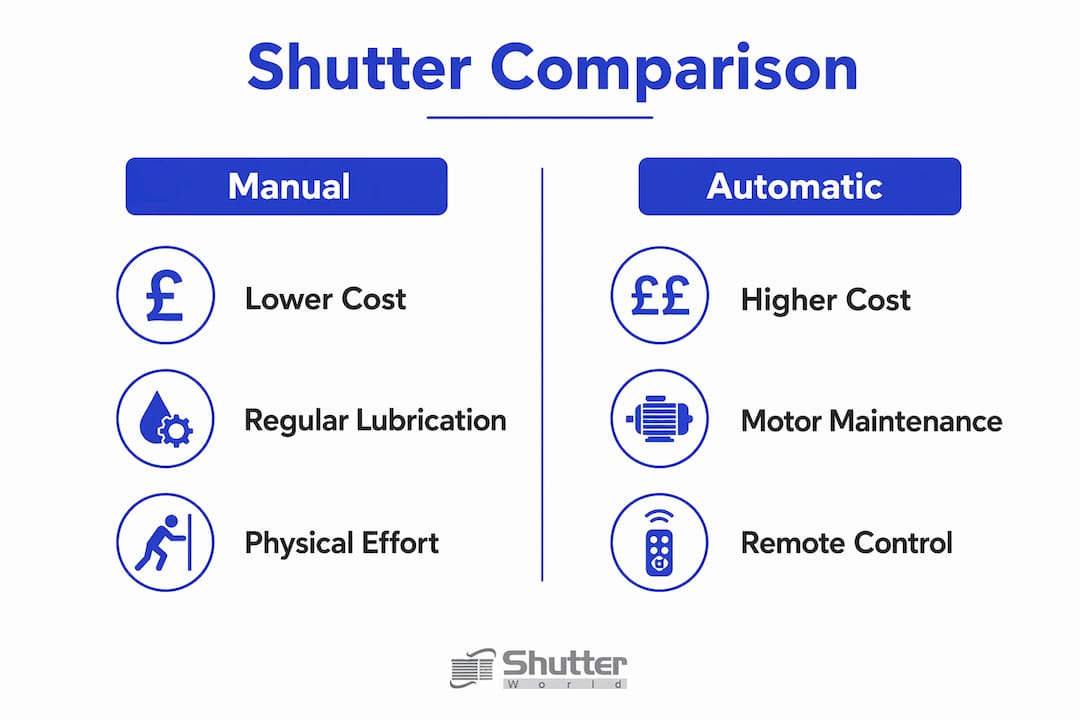 Infographic comparing manual and automatic shutters on cost and maintenance