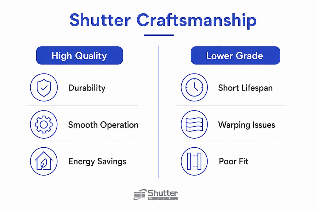 importance of shutter craftsmanship Infographic comparing quality vs low-grade shutters