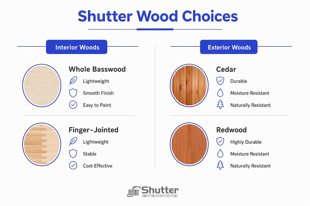 how to choose shutter wood Infographic comparing interior and exterior shutter wood types