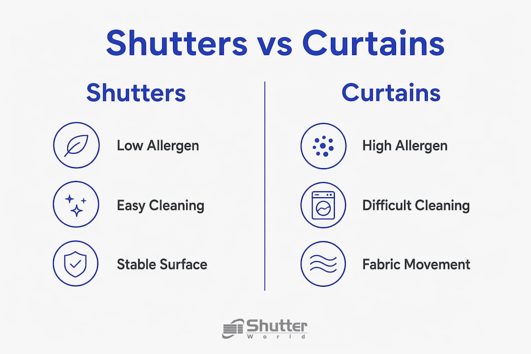 Infographic comparing allergen retention in shutters vs curtains