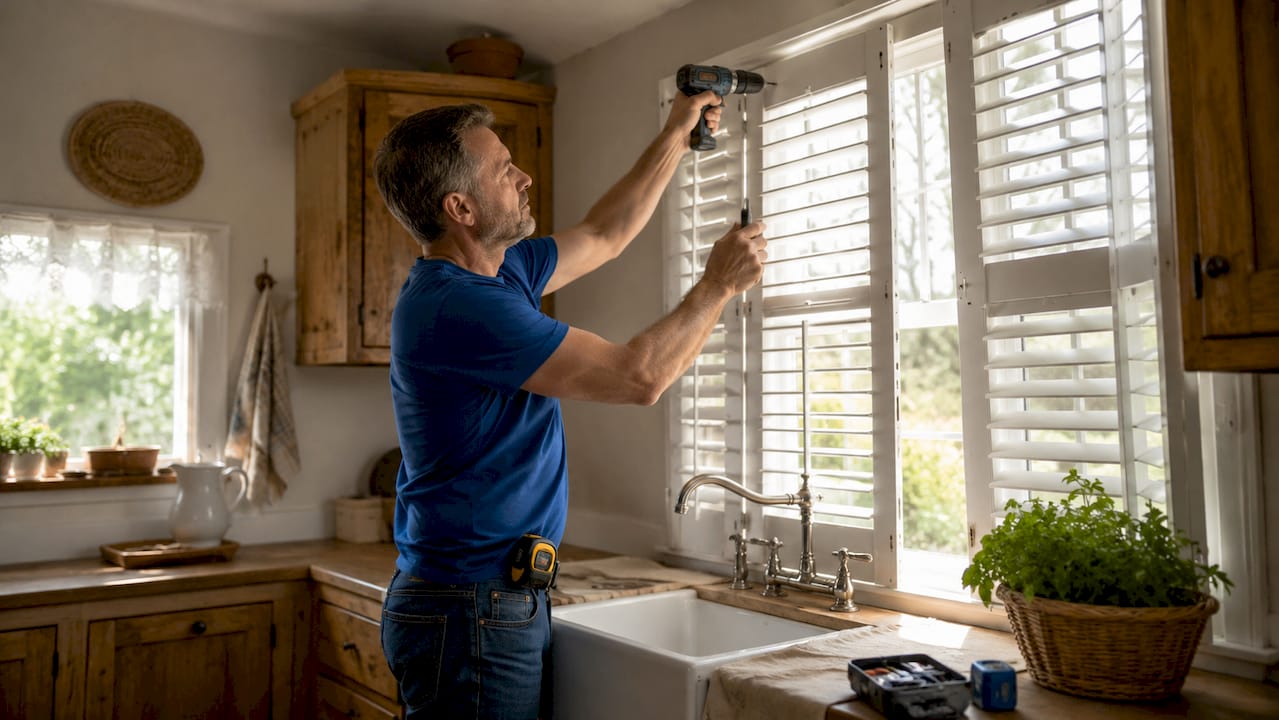 Craftsman installing plantation shutters