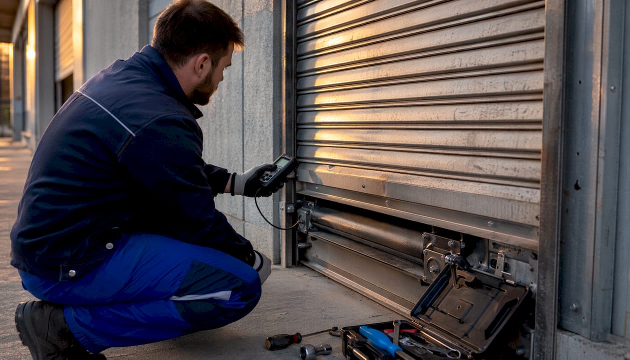 Technician inspecting industrial shutter installation