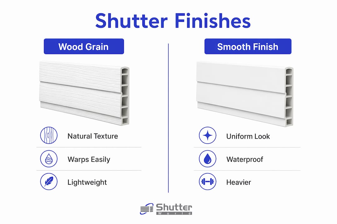 wood grain vs smooth shutters Infographic comparing wood grain and smooth shutters