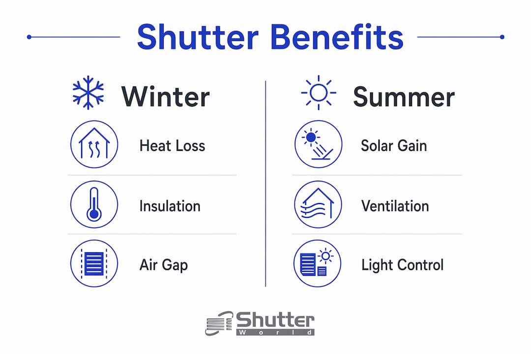 Infographic comparing shutter benefits for winter and summer