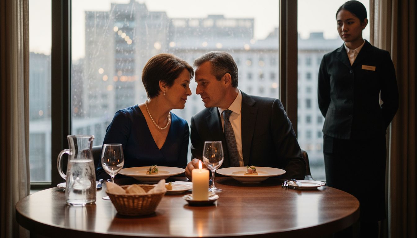 Elegant couple in private fine dining setting