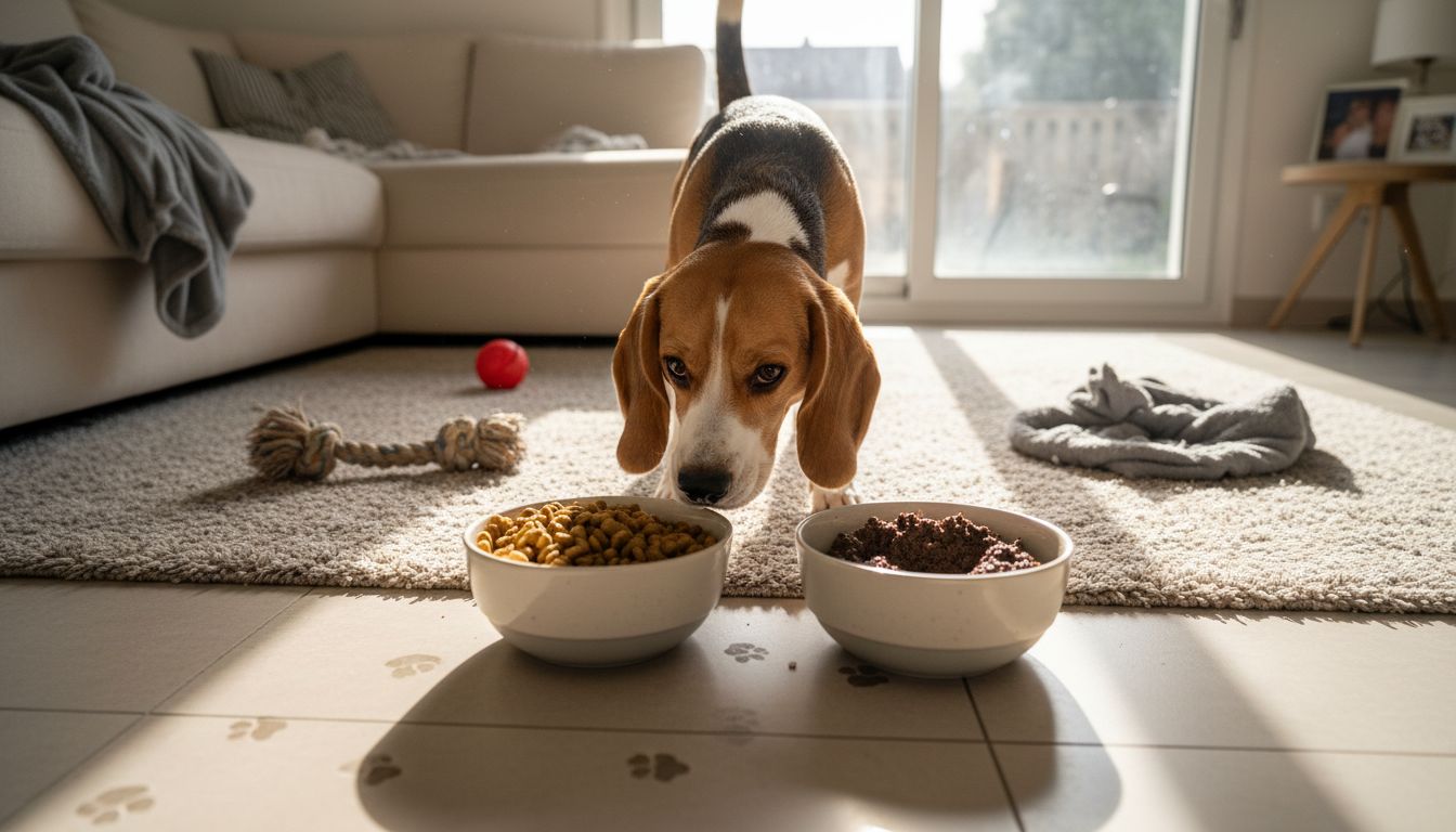 Un beagle indécis devant sa gamelle, hésitant entre croquettes et pâtée