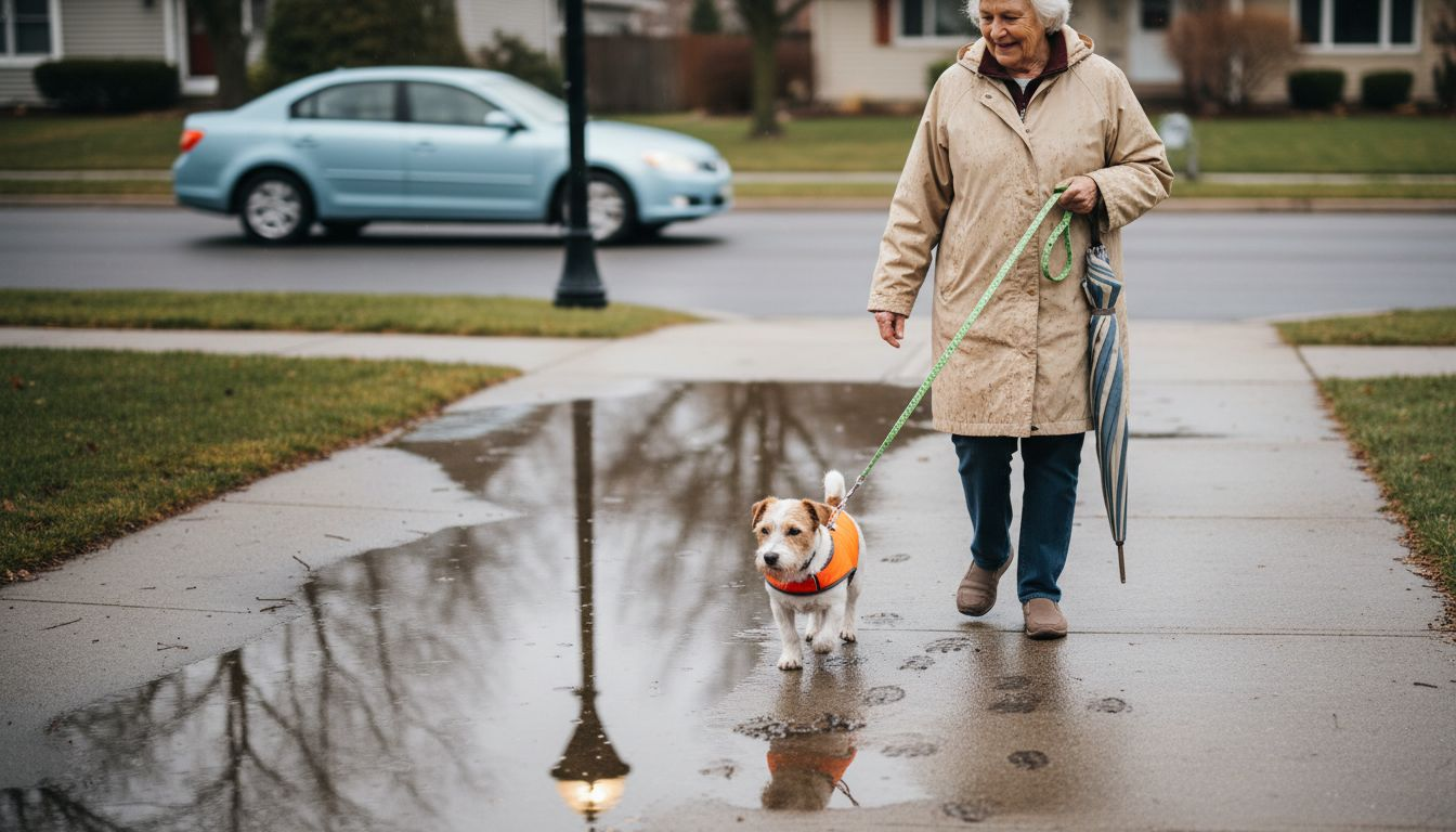 Un chien équipé d’un gilet réfléchissant se promène sous la pluie.