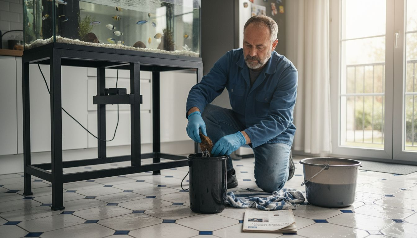 Un homme nettoie le filtre de son aquarium dans la cuisine.