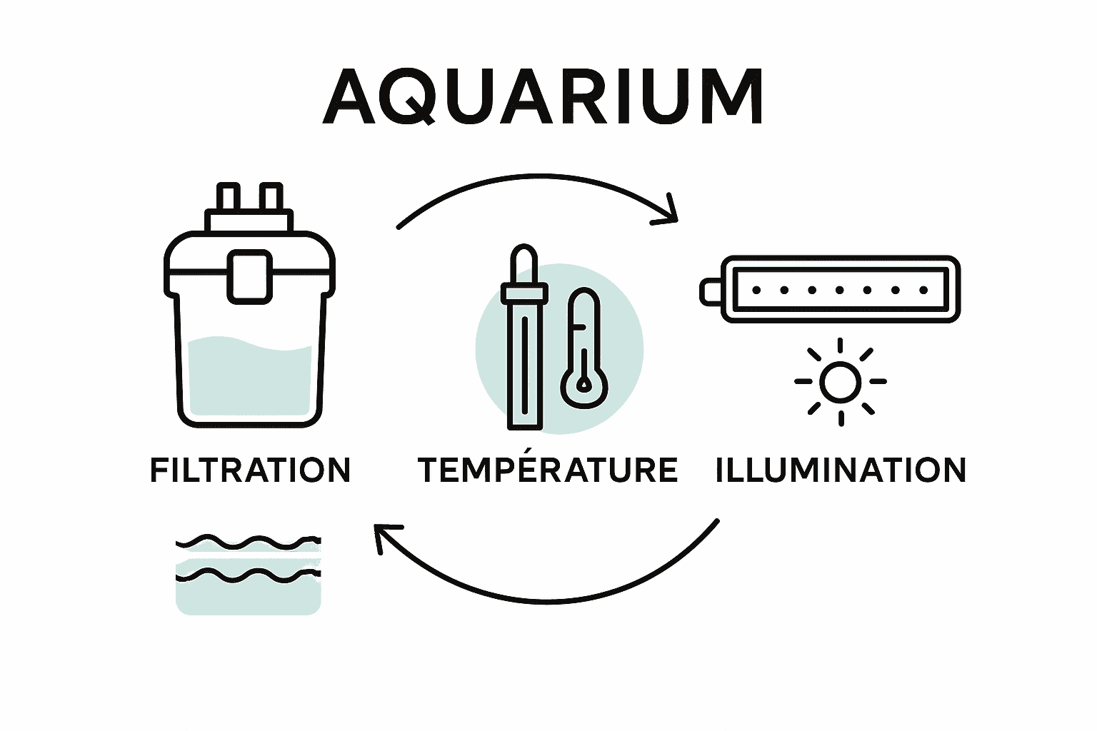 Visuel illustrant le fonctionnement du filtre, du chauffage et du cycle d’éclairage d’un aquarium