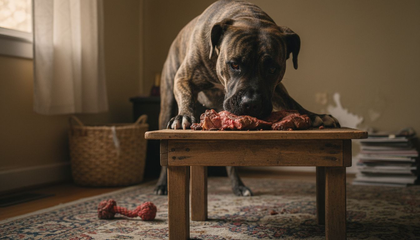 Un chien dévore un morceau de viande dans la salle à manger.