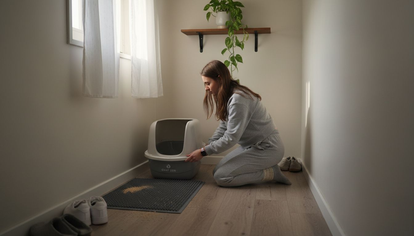 Placer un tapis devant la litière du chat pour limiter les traces et garder la maison propre.