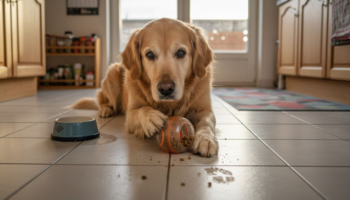Un chien malin réussit à récupérer sa friandise dans un distributeur de balles dans la cuisine.