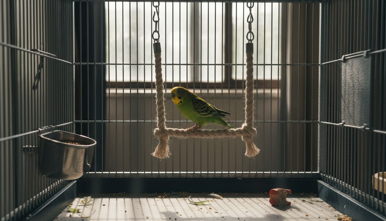 Perruche épanouie dans sa cage, profitant de tous ses jouets indispensables