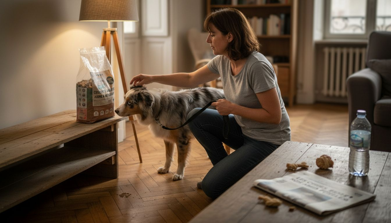 Le maître sélectionne des croquettes parfaitement adaptées aux besoins de son chien.