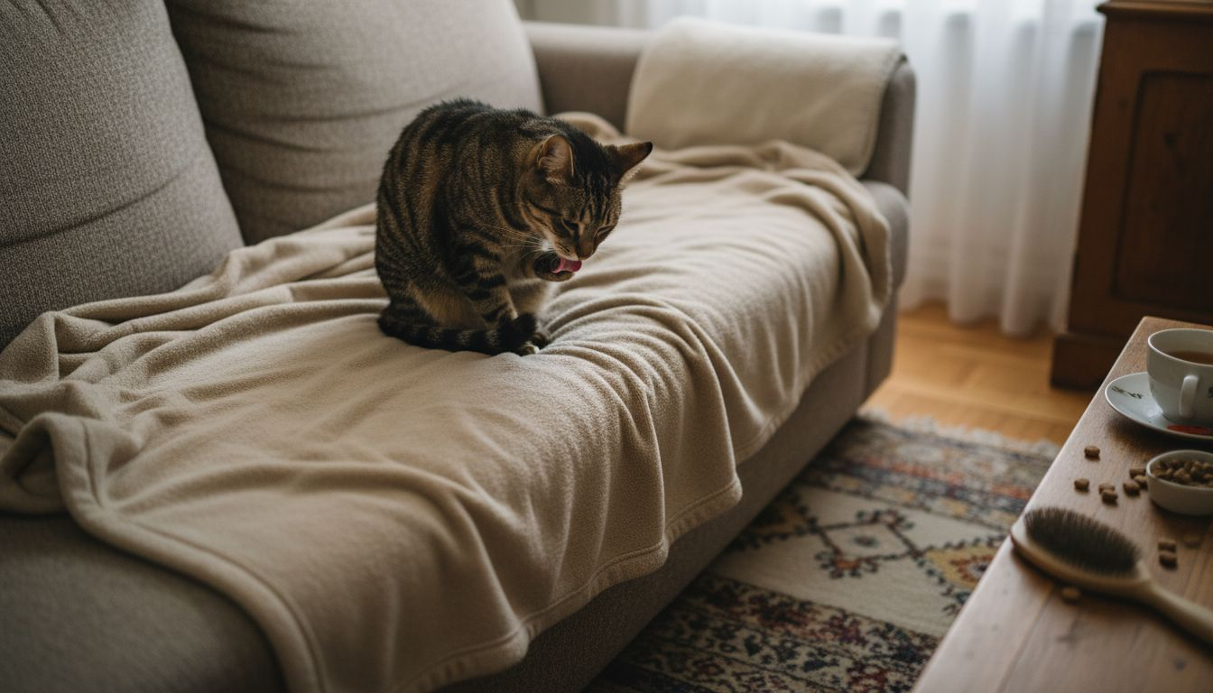Un chat tout heureux qui se prélasse sur une couverture moelleuse.