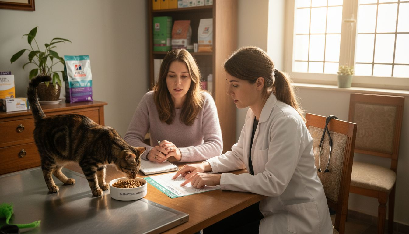 Dans un petit cabinet vétérinaire, le praticien prend le temps d’aborder l’importance de l’alimentation pour la santé des animaux.