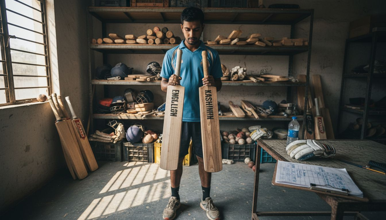 Player comparing English and Kashmir willow bats
