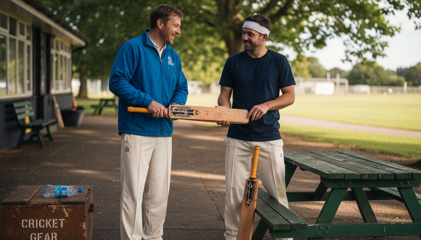 Adults compare cricket bat sizes outdoors