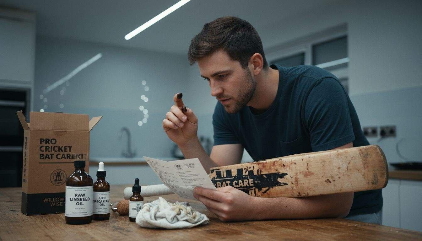 Cricketer comparing oils for cricket bat maintenance