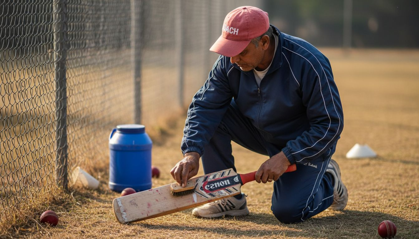 Coach removing dirt from cricket bat face