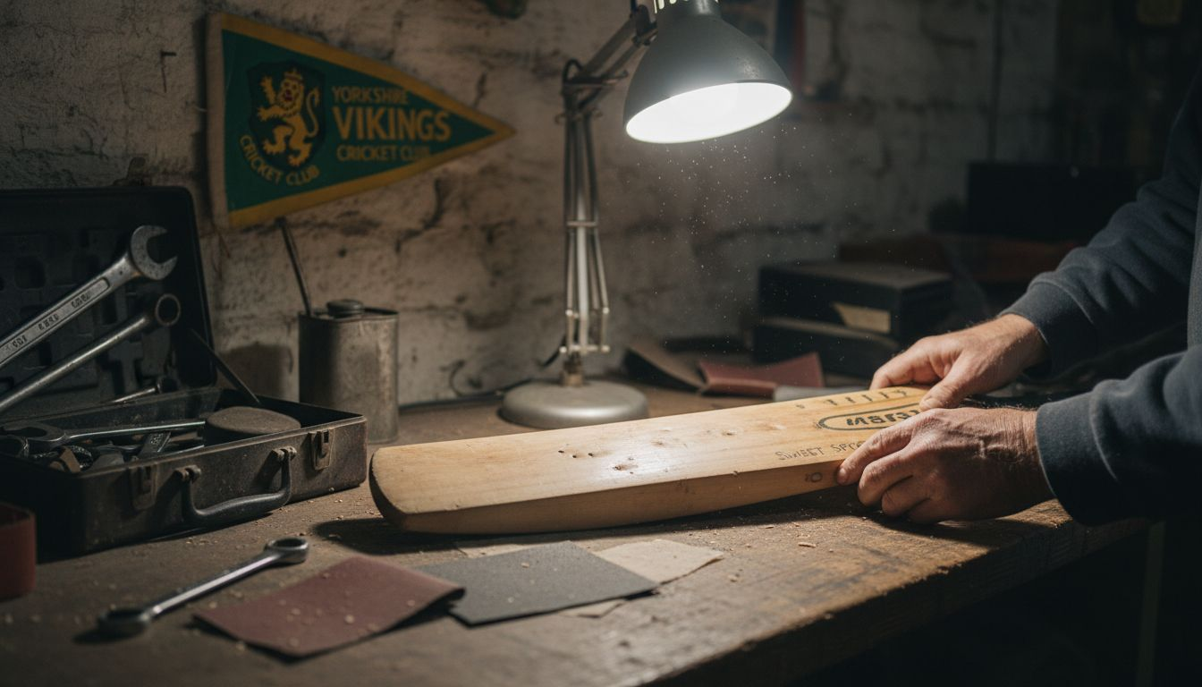 Hands inspecting cricket bat for cracks