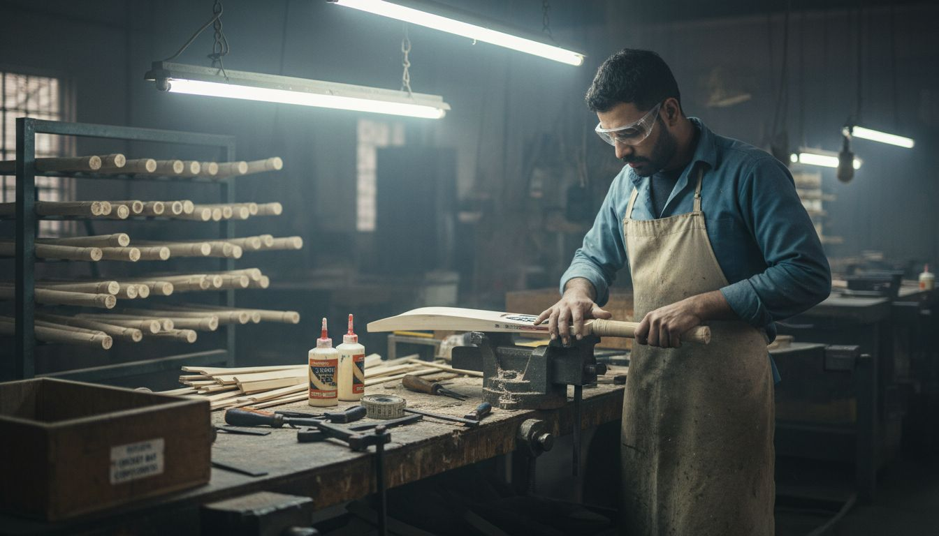 Worker attaching cane handle to blade