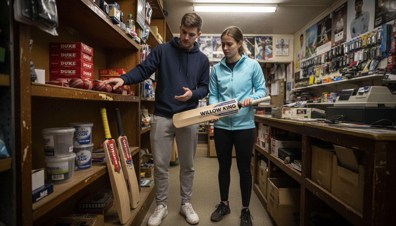 Couple comparing cricket bats in local shop