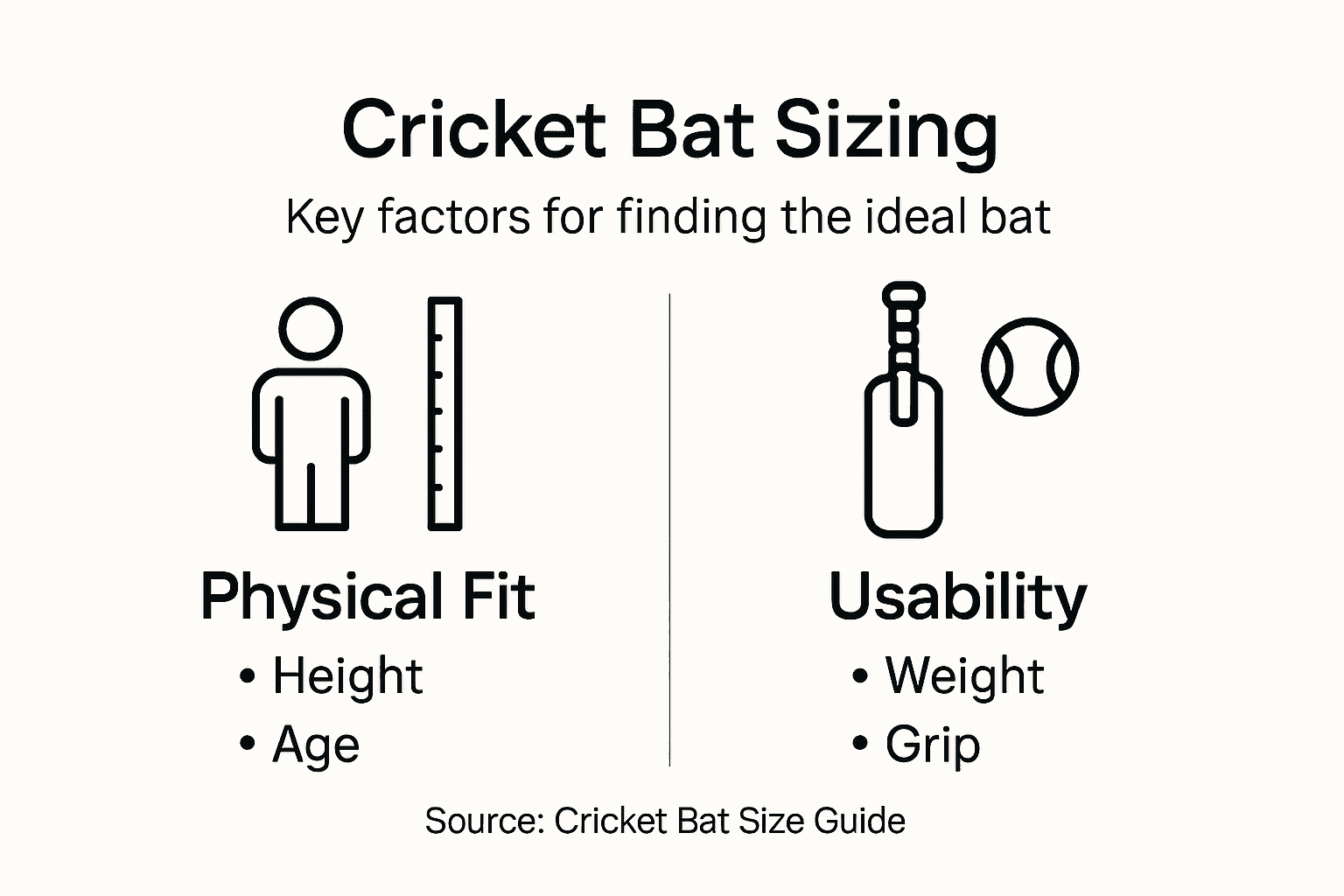 Infographic summarizing basic cricket bat sizing factors
