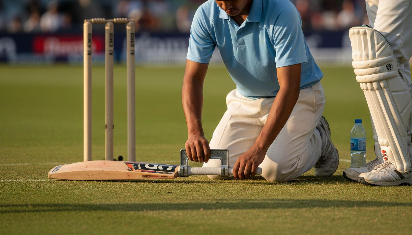Umpire using gauge on cricket bat