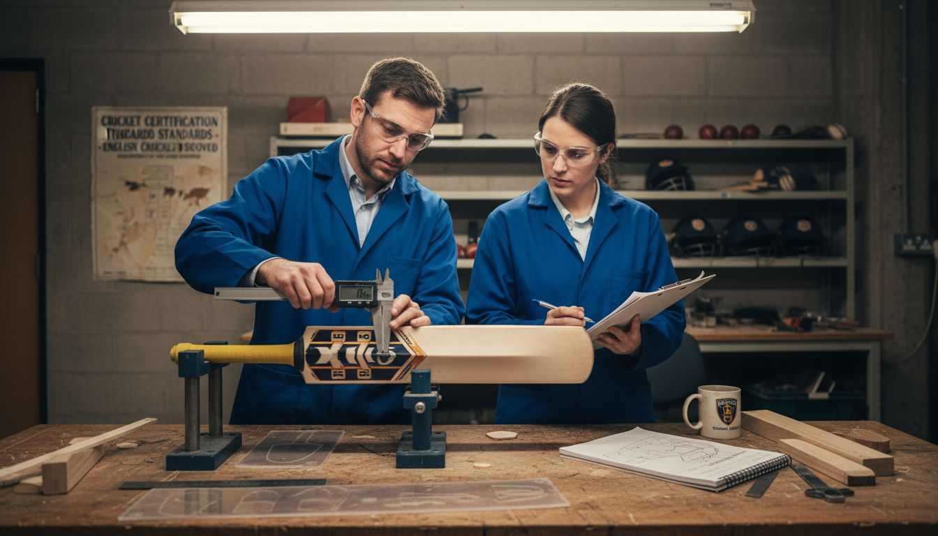 Lab technicians testing cricket bat certification