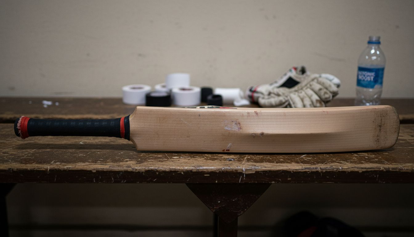 Close up showing cricket bat thick blade