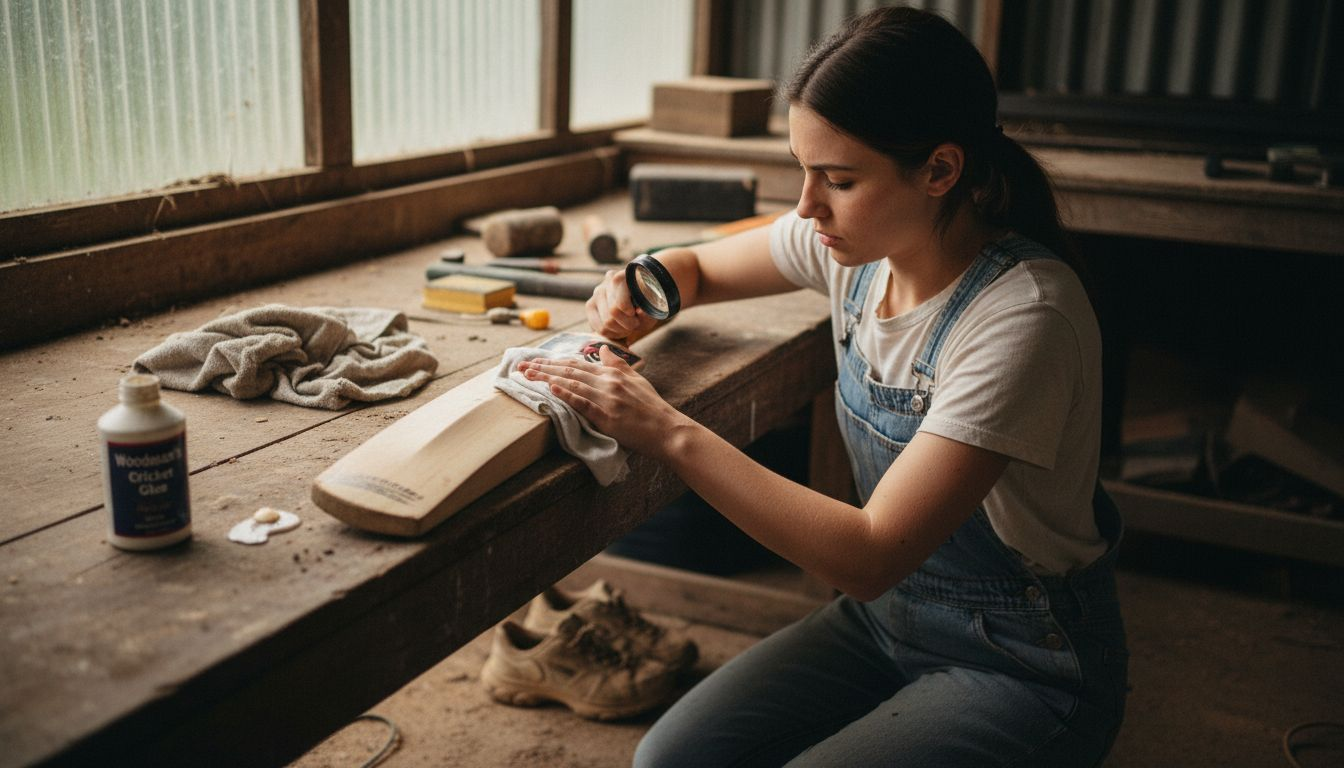 Woman inspecting cricket bat for cracks
