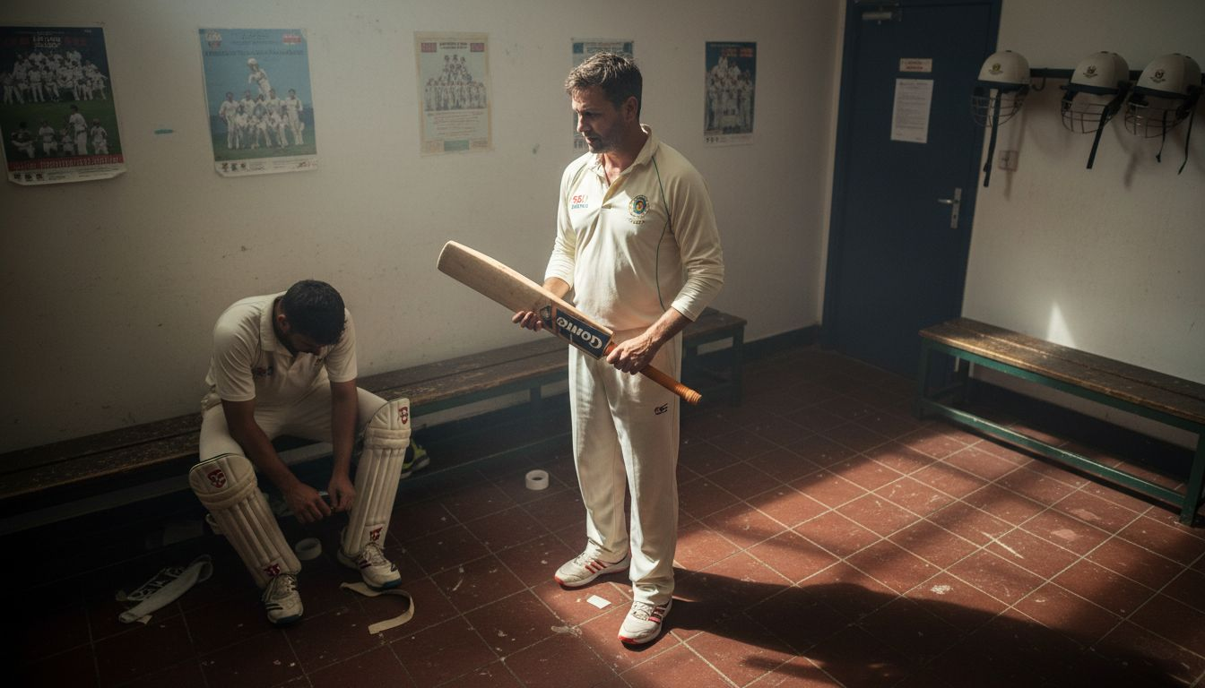 Player weighing cricket bat in locker room