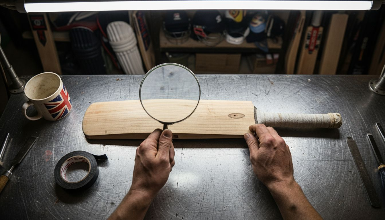 Inspecting willow grain of cricket bat closely