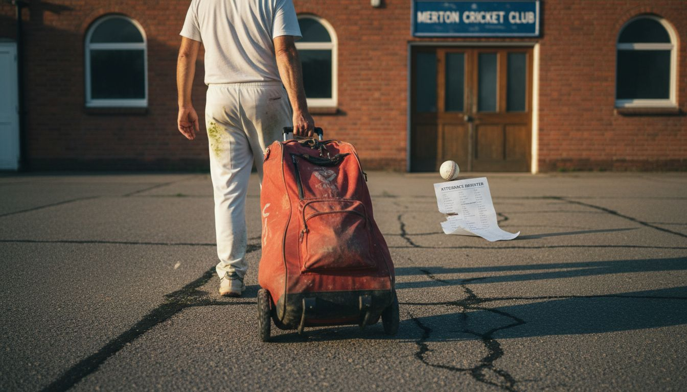 Player pulling wheeled cricket bag outdoors