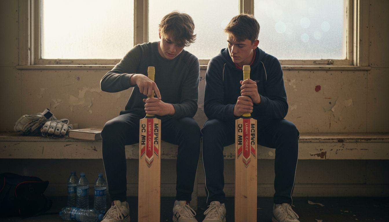 Players comparing cricket bats grain structure