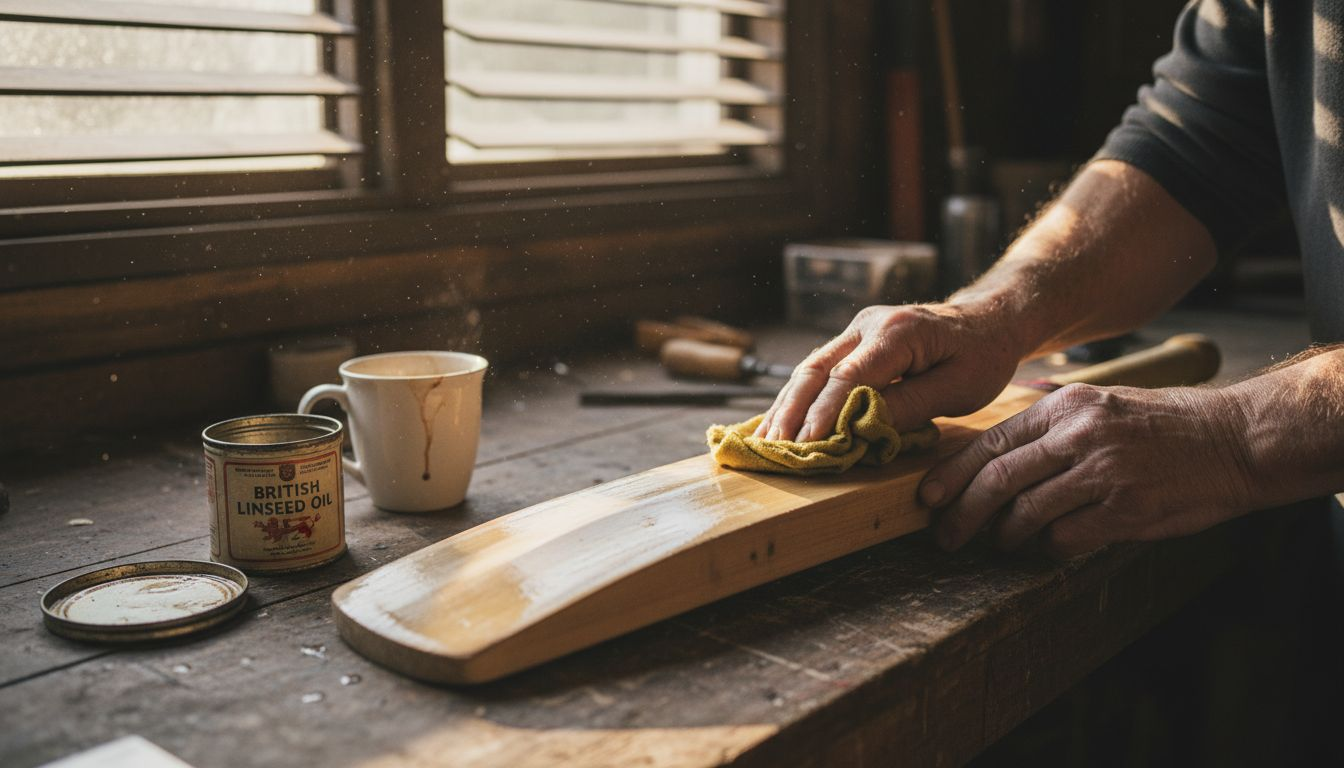 Oiling cricket bat close-up process