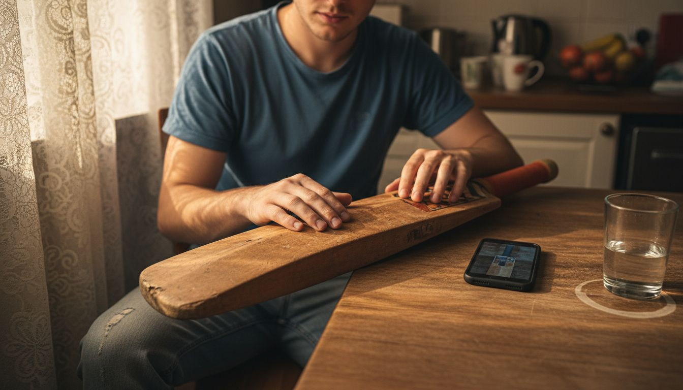 Hands checking cricket bat surface for defects