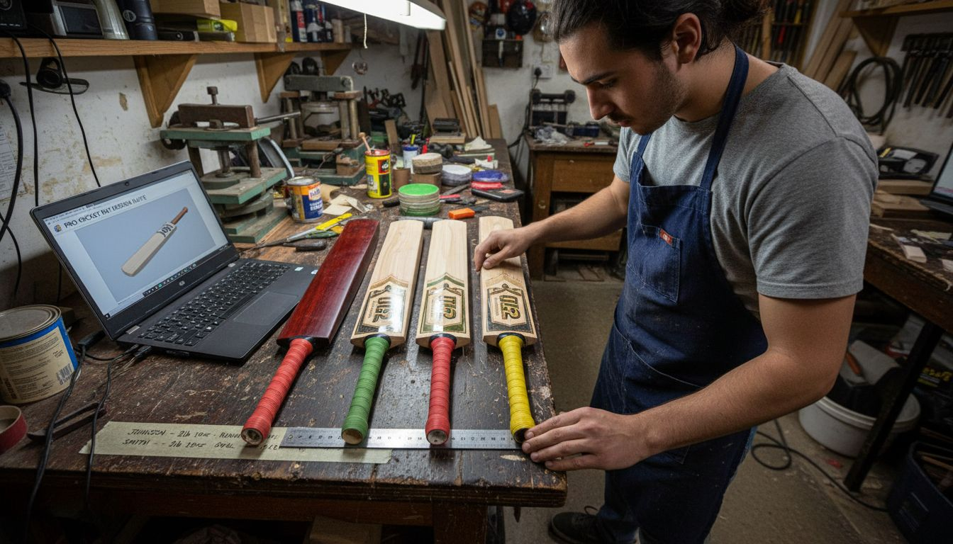 Technician aligning custom bats with tools and laptop