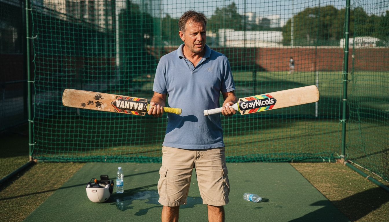 Coach comparing cricket bat grades