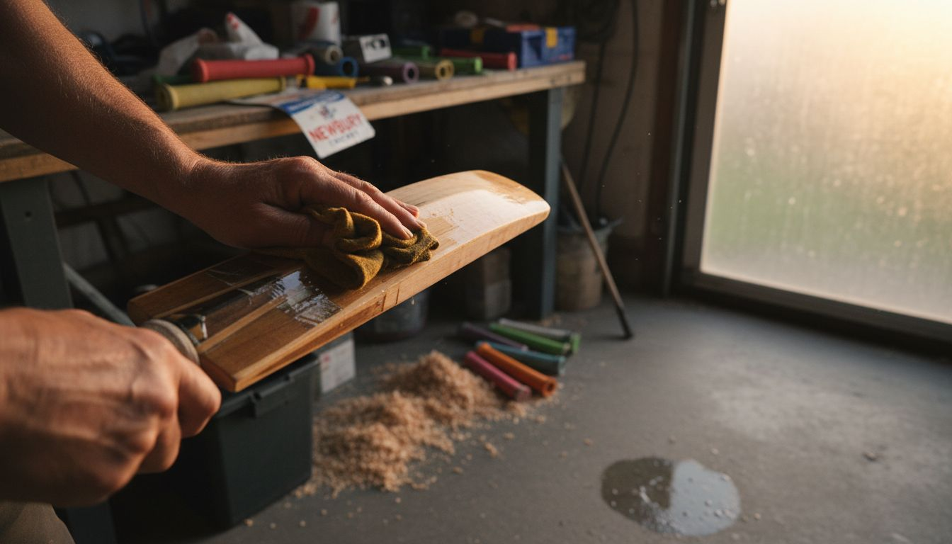 Hands applying linseed oil to cricket bat