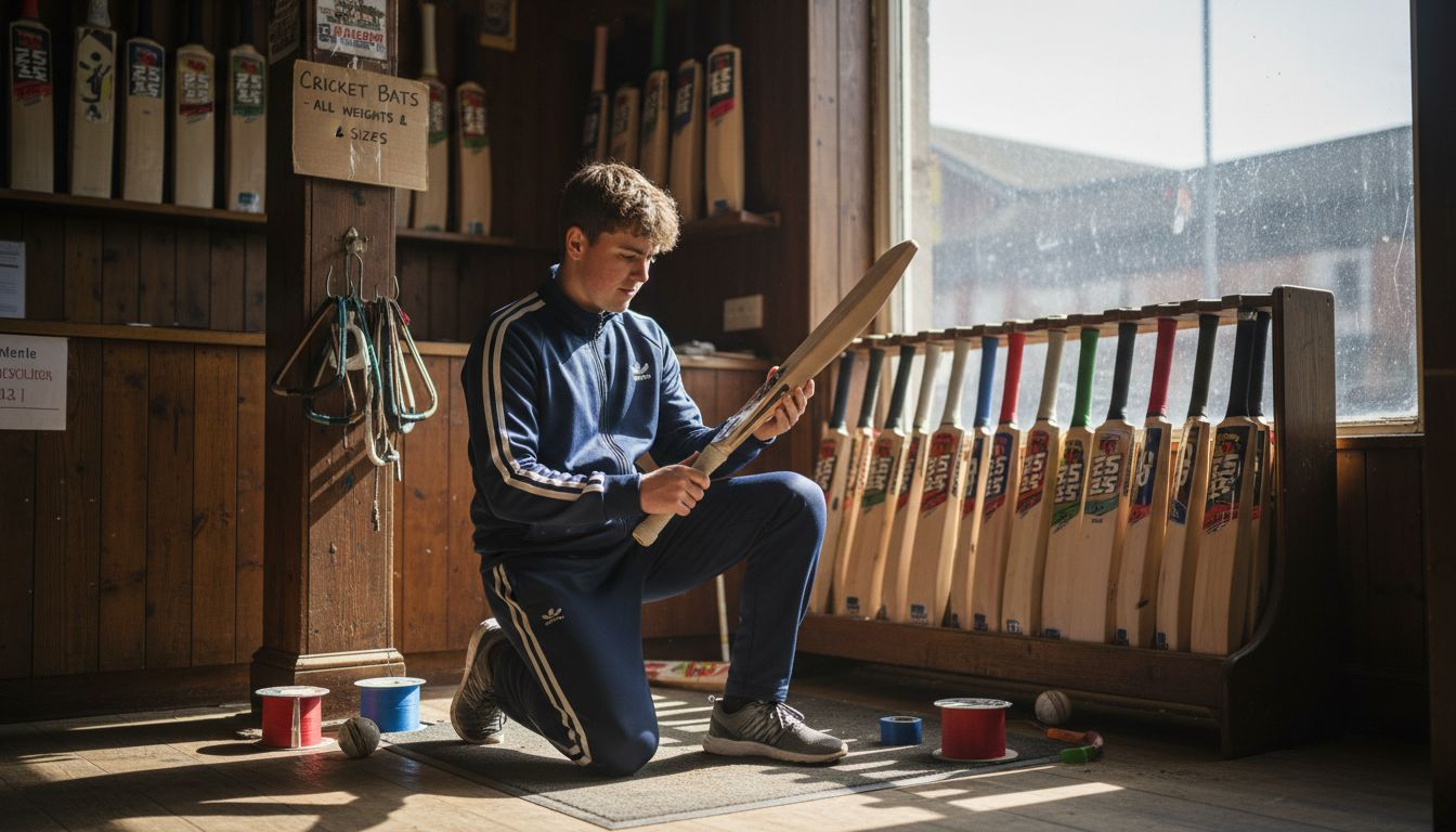 Young player choosing custom cricket bat in shop