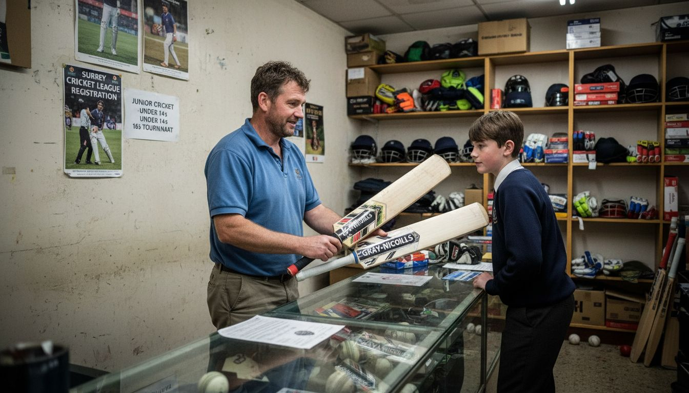 Shop assistant comparing club and pro cricket bats
