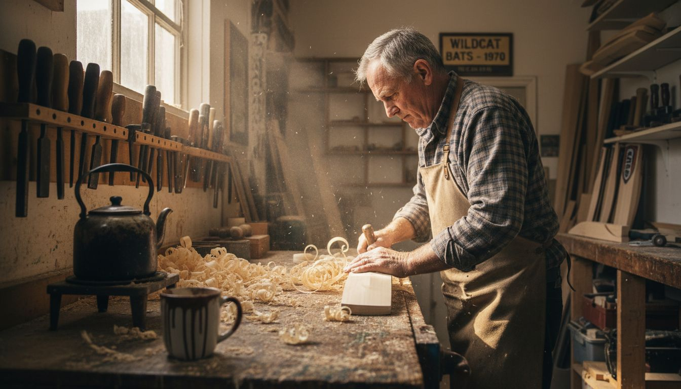 Bat craftsman shaping English willow in workshop